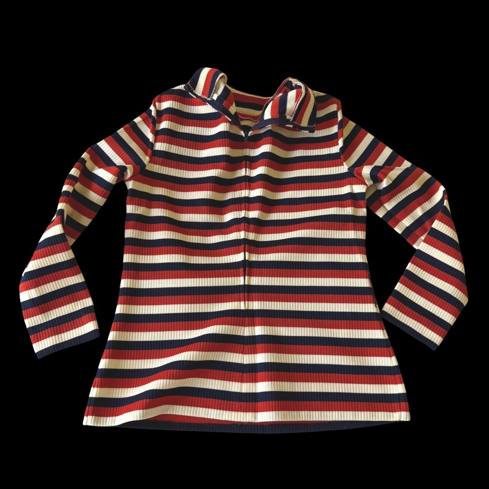 60s Striped Ribbed Knit Mock Neck Top Talon Zip Orange Zip Back Long Sleeve